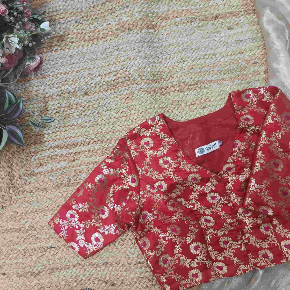 Red Jaal Banarasi Brocade Readymade Blouse | Godhuli