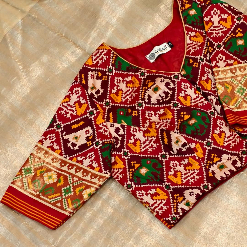 Red Maroon Nari Kunjar Patola Design Readymade Blouse | Godhuli