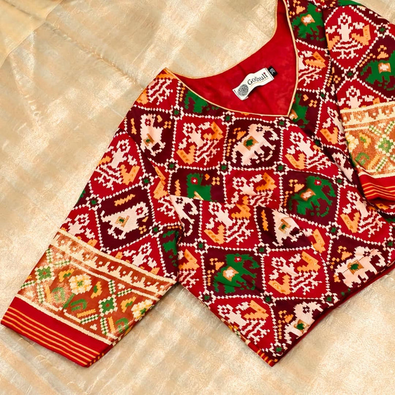 Red Maroon Nari Kunjar Patola Design Readymade Blouse | Godhuli