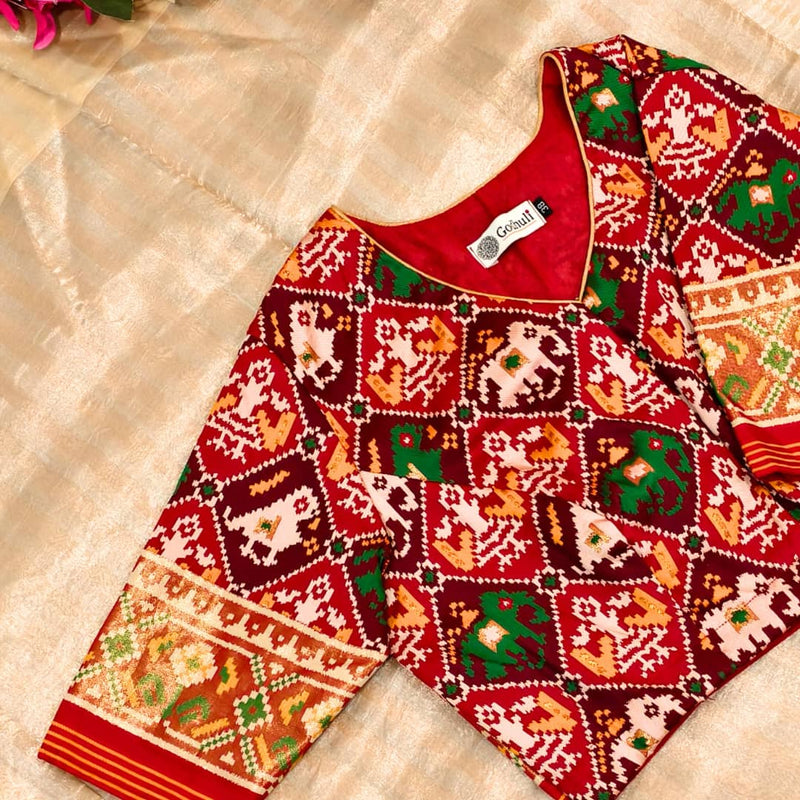 Red Maroon Nari Kunjar Patola Design Readymade Blouse | Godhuli