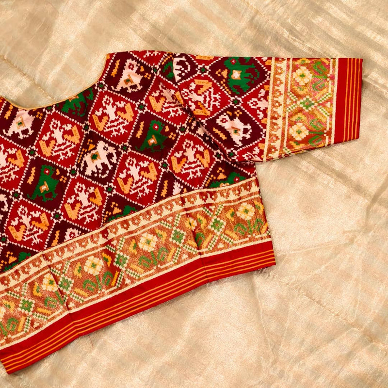 Red Maroon Nari Kunjar Patola Design Readymade Blouse | Godhuli