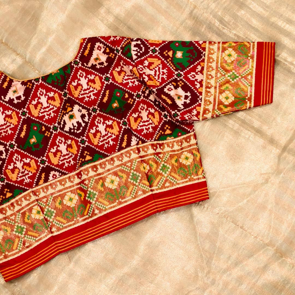Red Maroon Nari Kunjar Patola Design Readymade Blouse | Godhuli