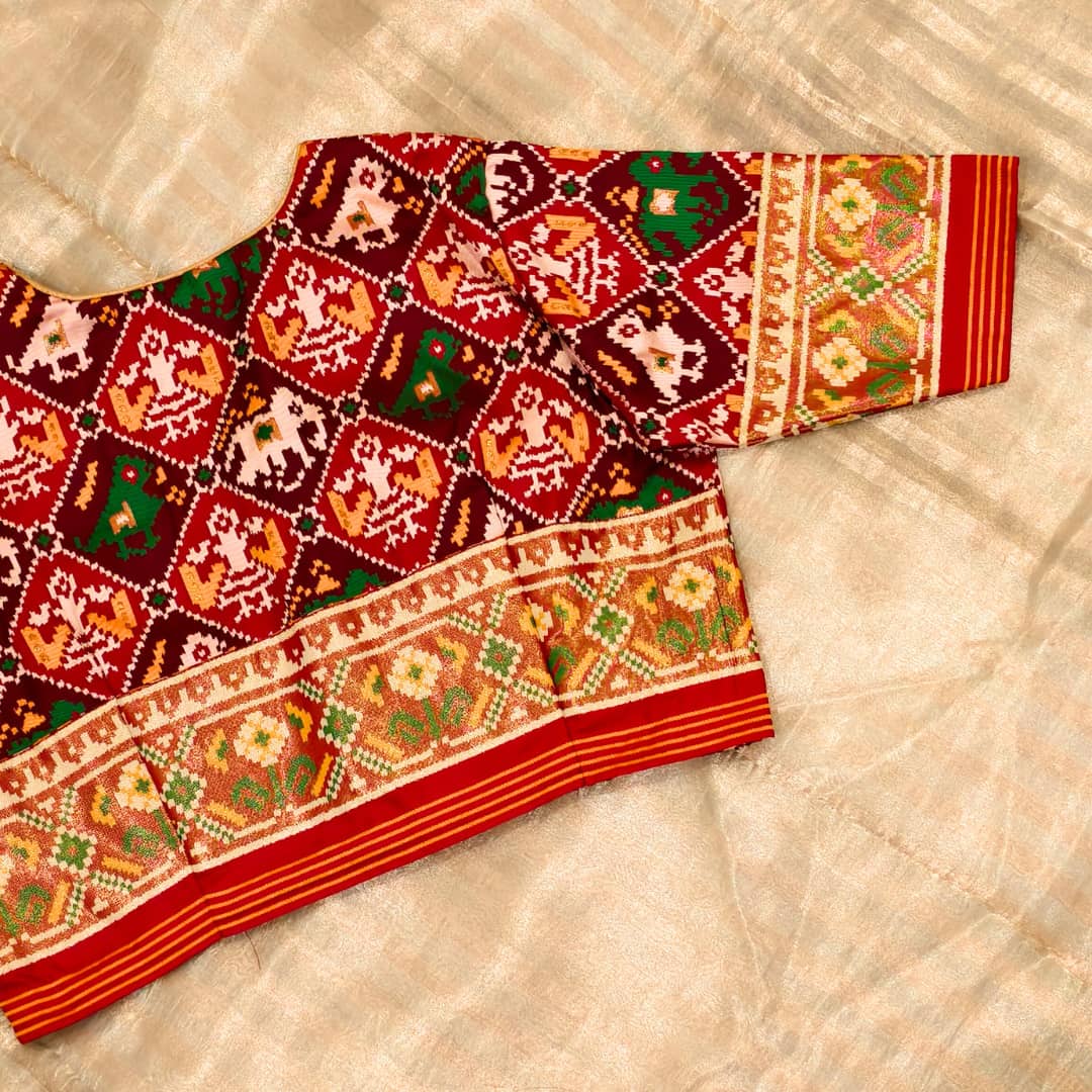 Red Maroon Nari Kunjar Patola Design Readymade Blouse | Godhuli
