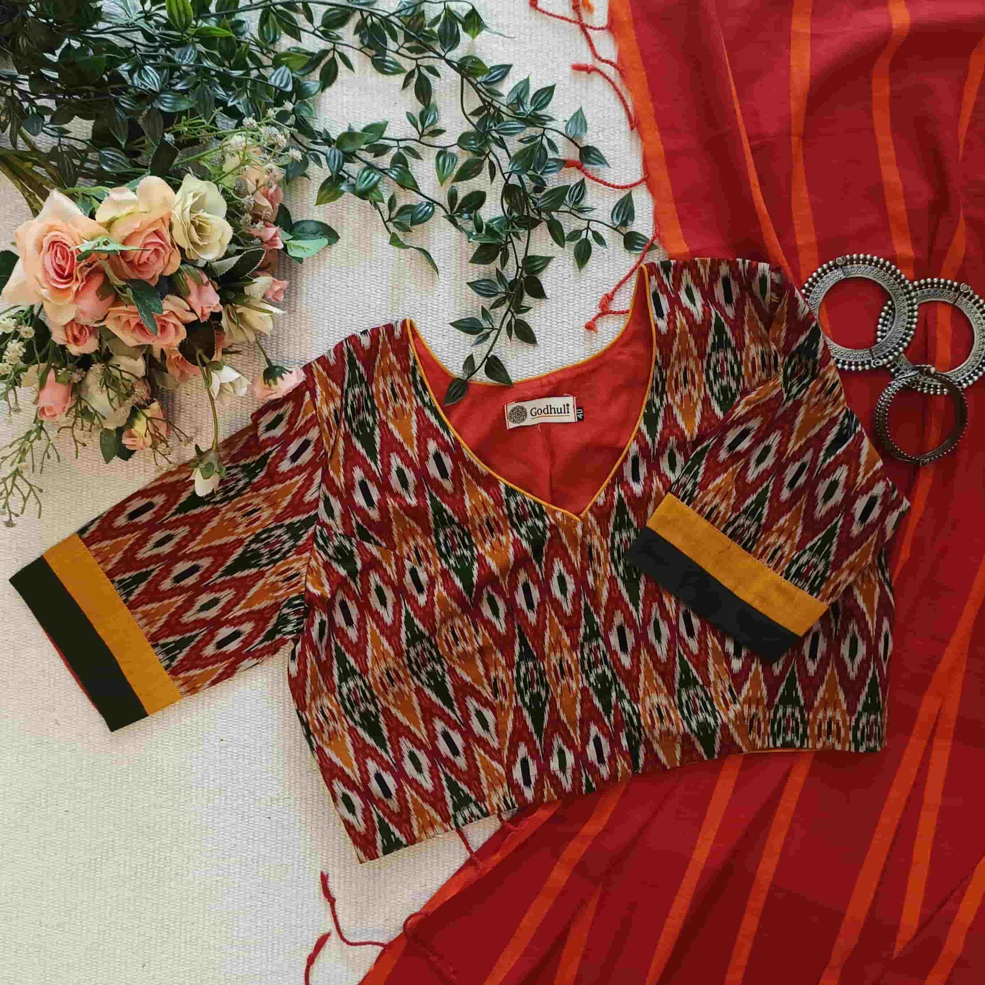 Buy Red Mustard Green Ikat Print Flax Cotton Blouse | Godhuli