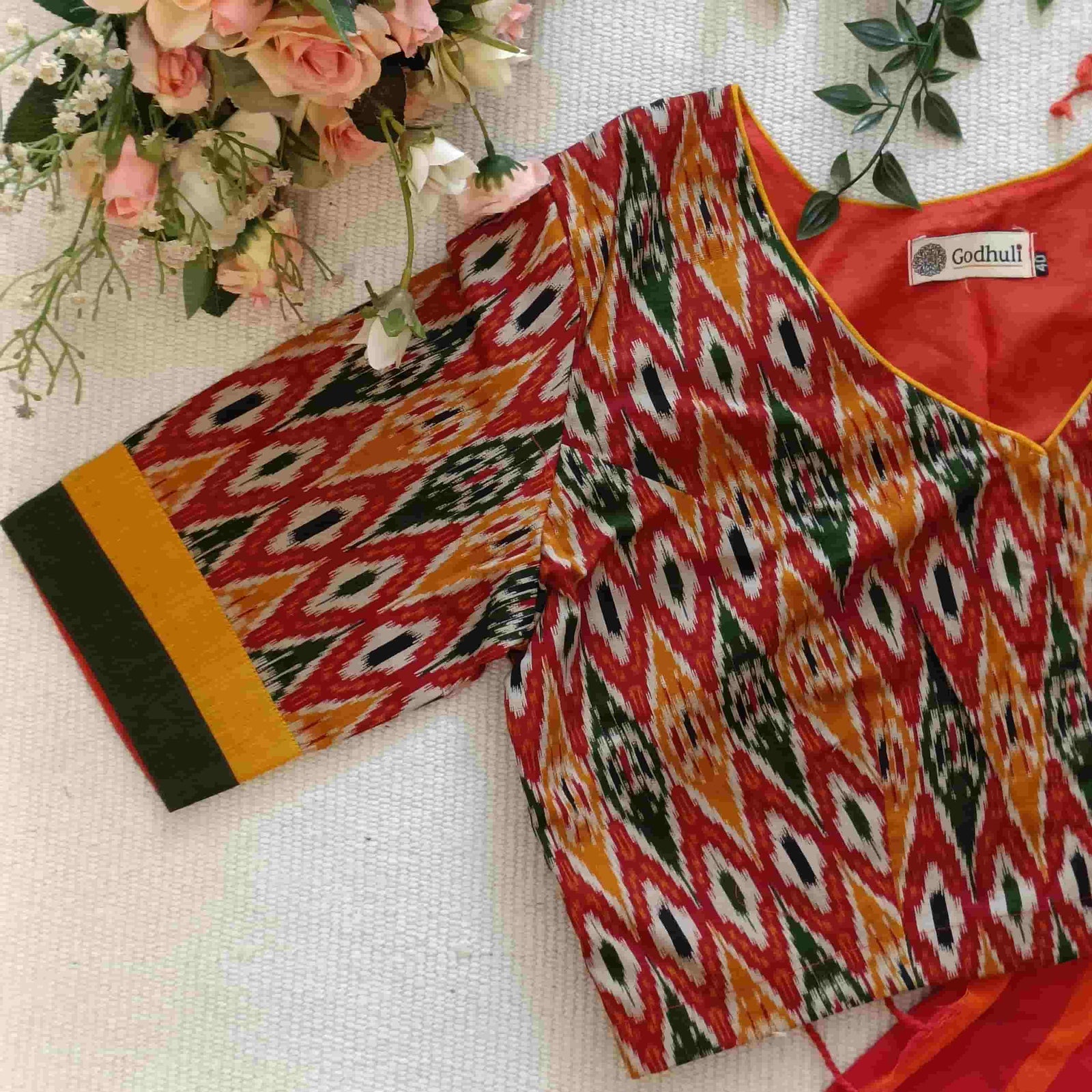 Buy Red Mustard Green Ikat Print Flax Cotton Blouse | Godhuli