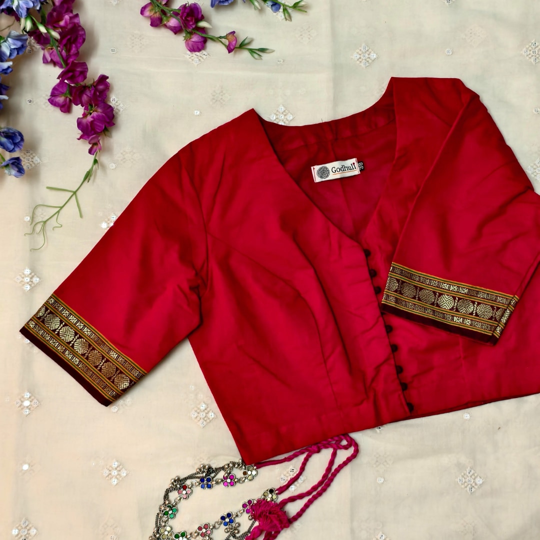 Red Narayanpet Border Readymade Blouse | Godhuli