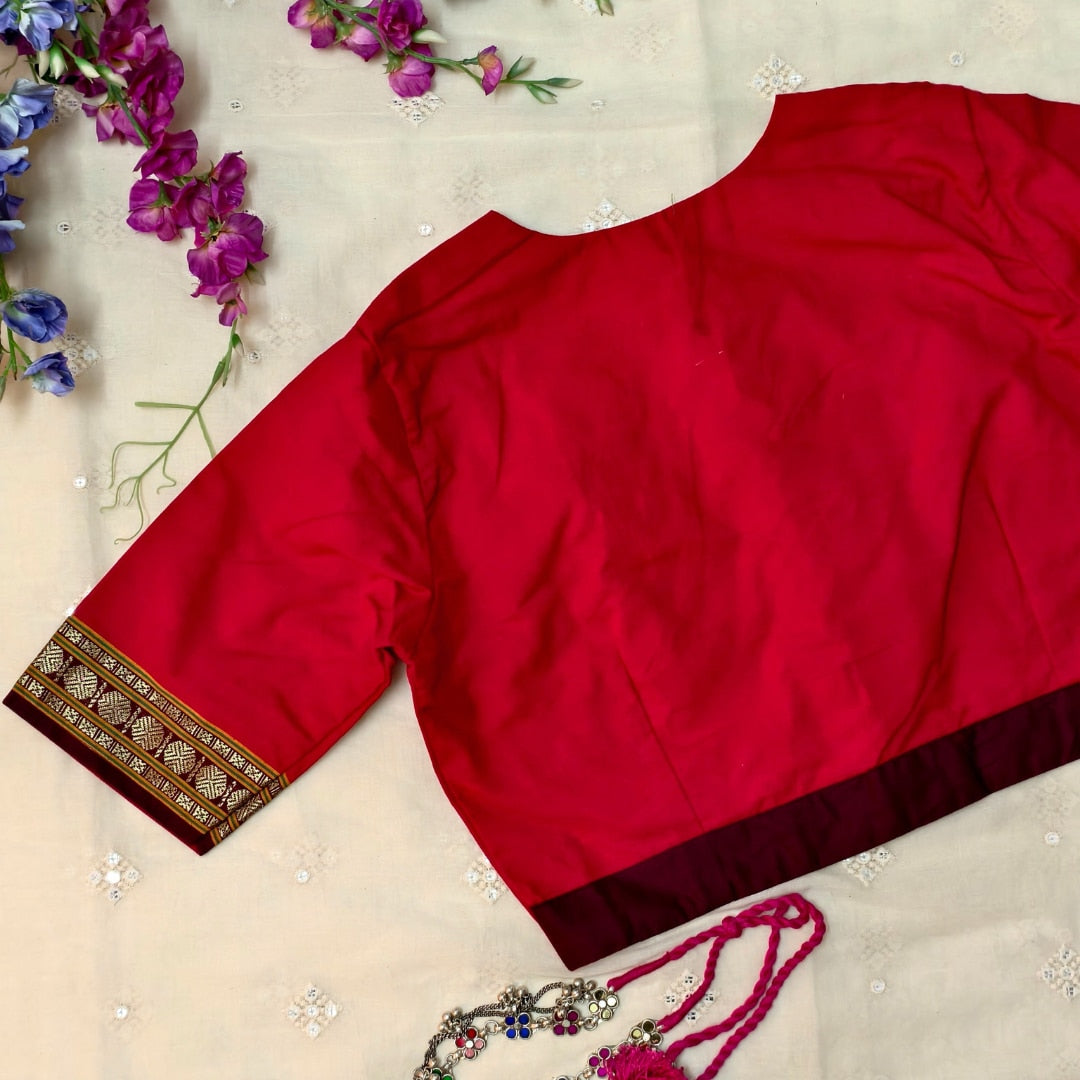 Red Narayanpet Border Readymade Blouse | Godhuli