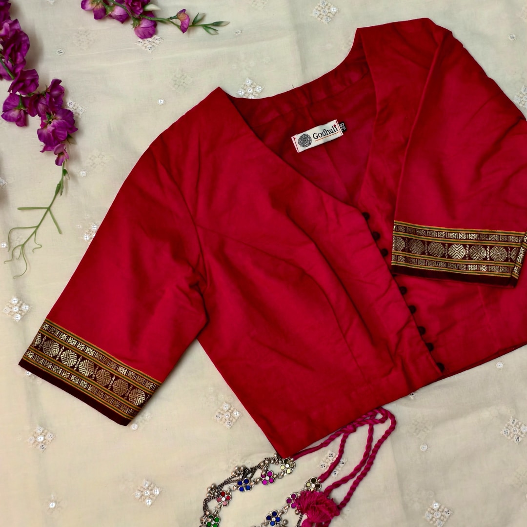 Red Narayanpet Border Readymade Blouse | Godhuli