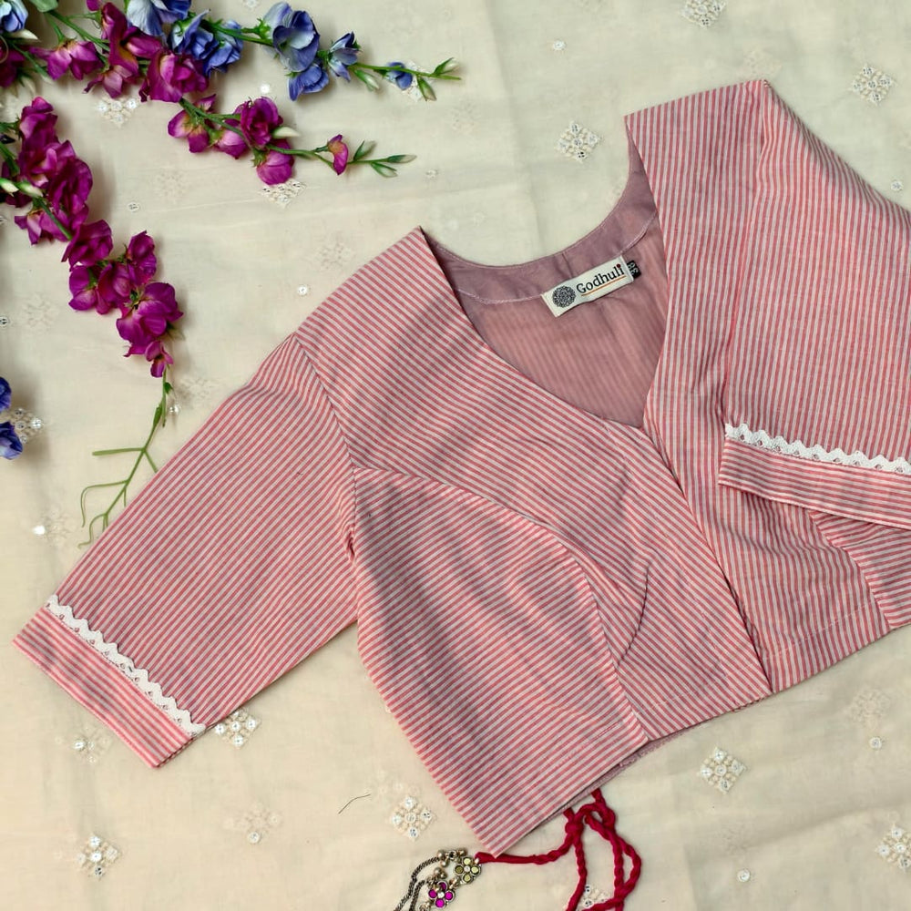 Red White Oxford Stripes Readymade Blouse | Godhuli