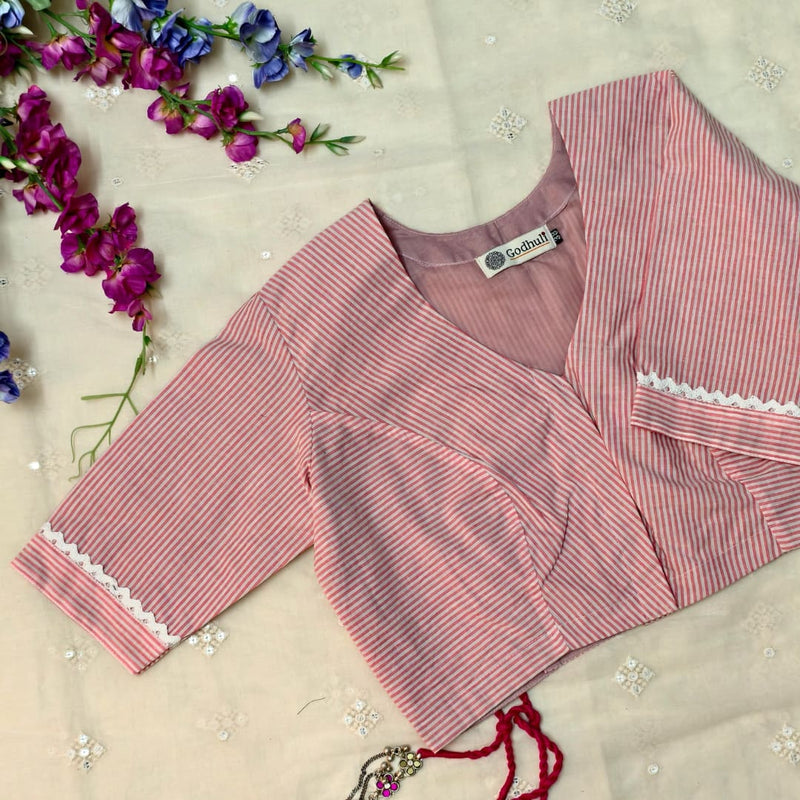 Red White Oxford Stripes Readymade Blouse | Godhuli