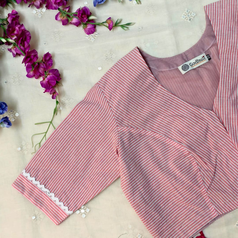 Red White Oxford Stripes Readymade Blouse | Godhuli