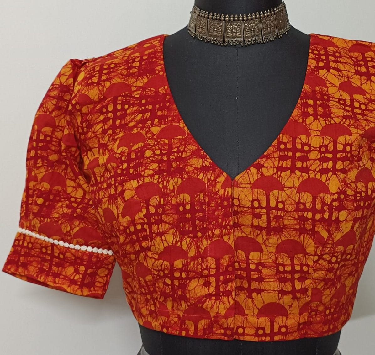 Red Yellow Batik Print Readymade Blouse | Godhuli