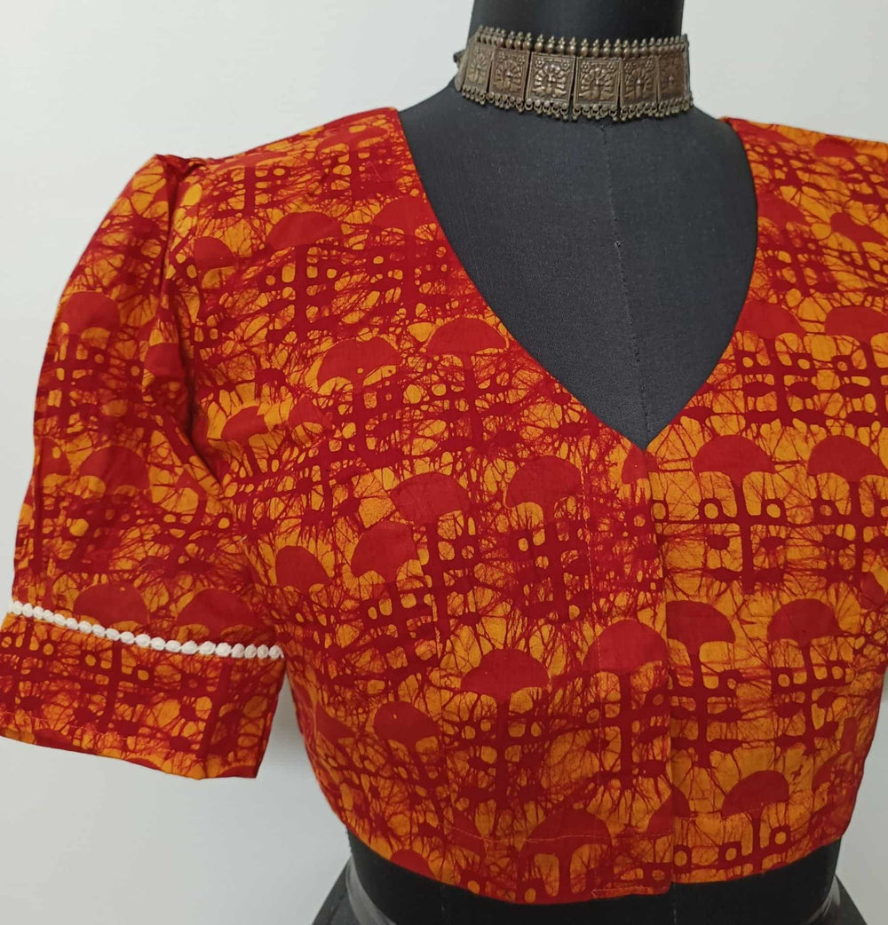 Red Yellow Batik Print Readymade Blouse | Godhuli