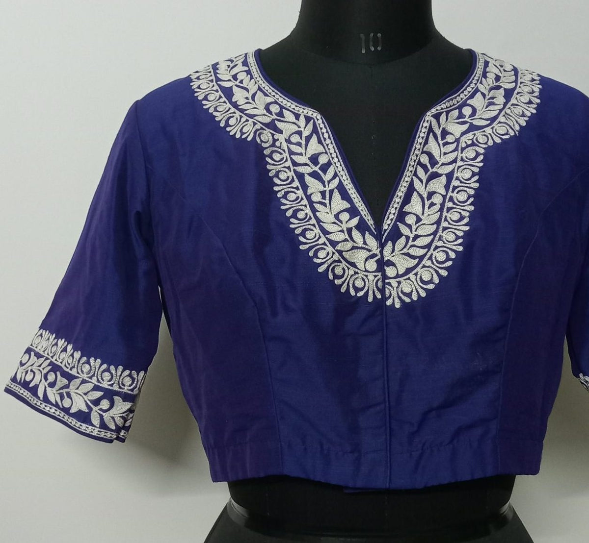 Royal Blue Readymade Blouse in off white Aari work Embroidery | Godhuli