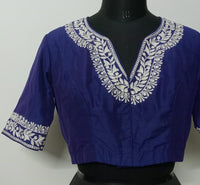 Royal Blue Readymade Blouse in off white Aari work Embroidery | Godhuli