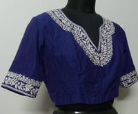 Royal Blue Readymade Blouse in off white Aari work Embroidery | Godhuli