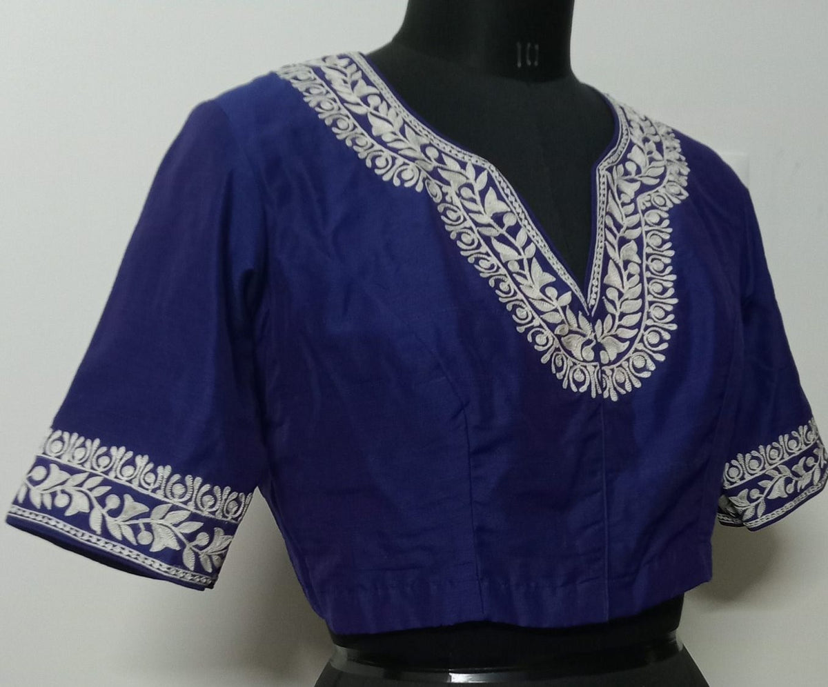 Royal Blue Readymade Blouse in off white Aari work Embroidery | Godhuli