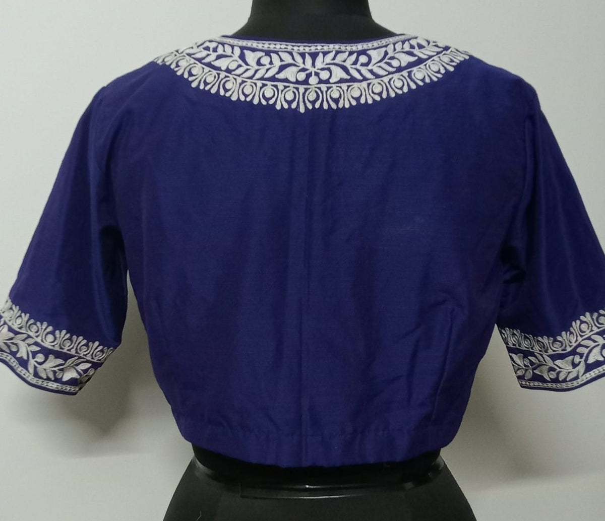 Royal Blue Readymade Blouse in off white Aari work Embroidery | Godhuli