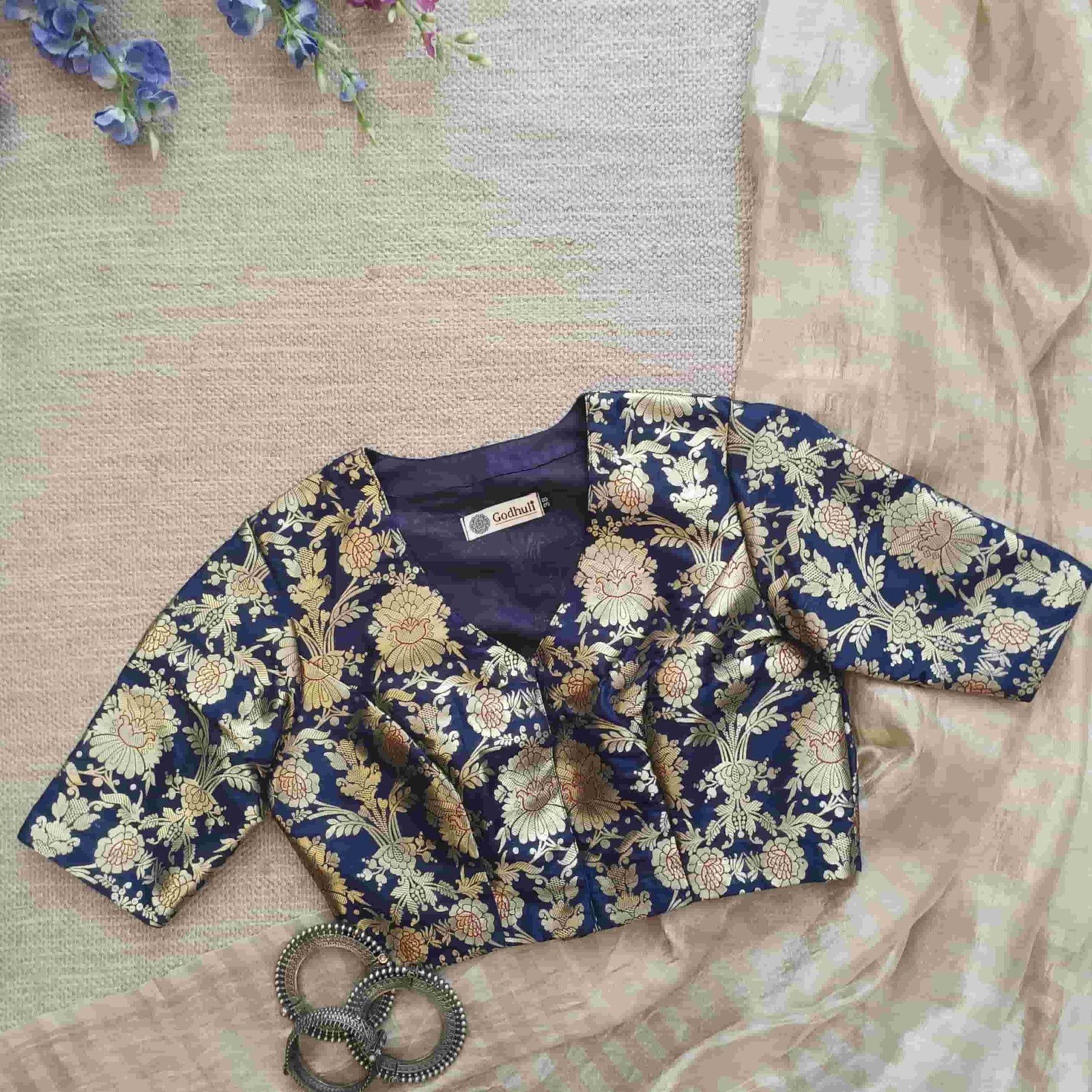 Royal Blue Floral Jaal Banarasi Brocade Readymade Blouse | Godhuli