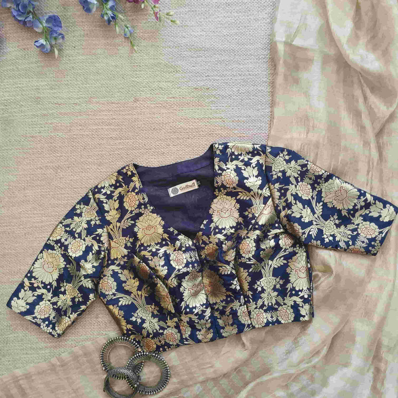 Royal Blue Floral Jaal Banarasi Brocade Readymade Blouse | Godhuli