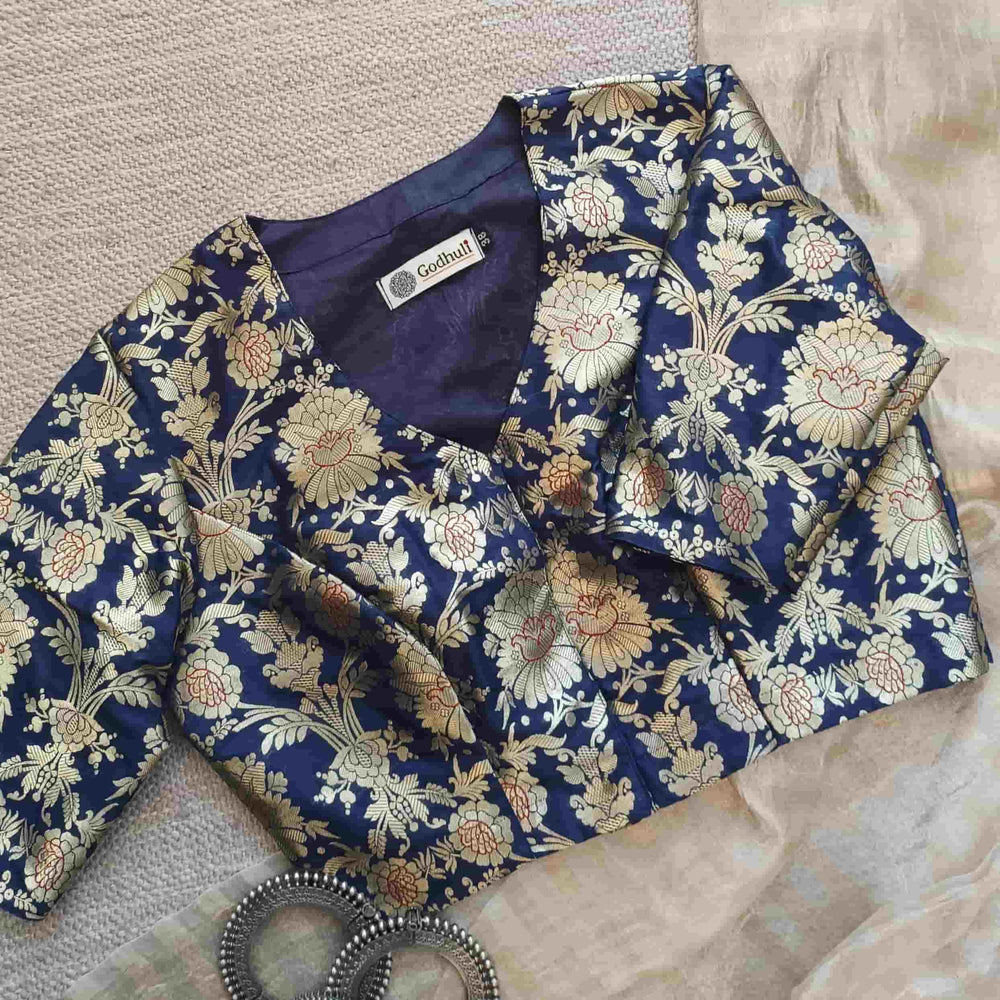 Royal Blue Floral Jaal Banarasi Brocade Readymade Blouse | Godhuli