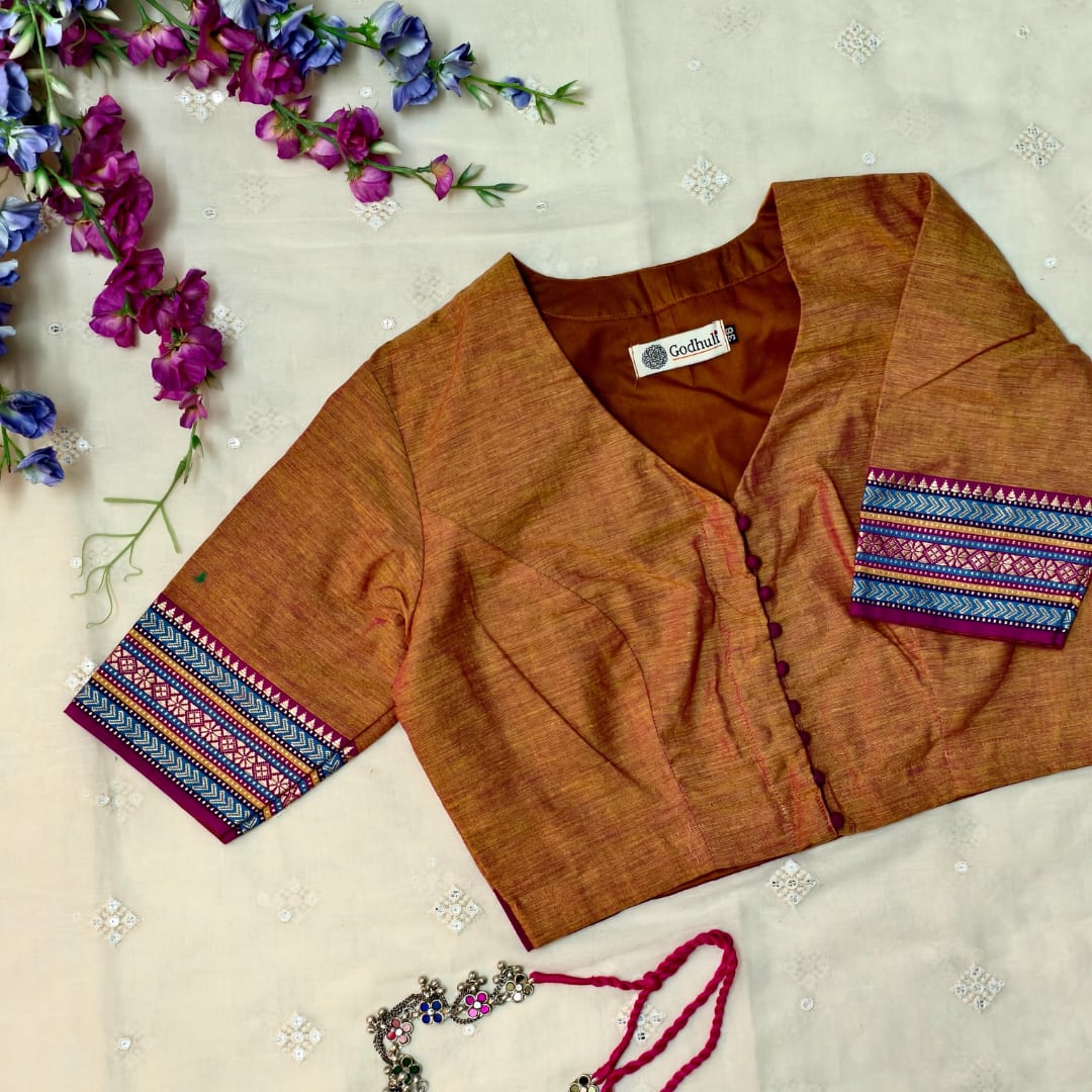 Rust orange Narayanpet Border Readymade Blouse | Godhuli