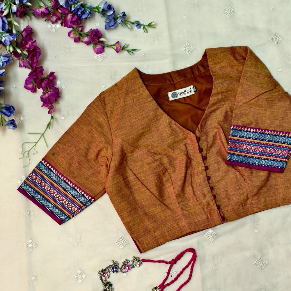 Rust orange Narayanpet Border Readymade Blouse | Godhuli