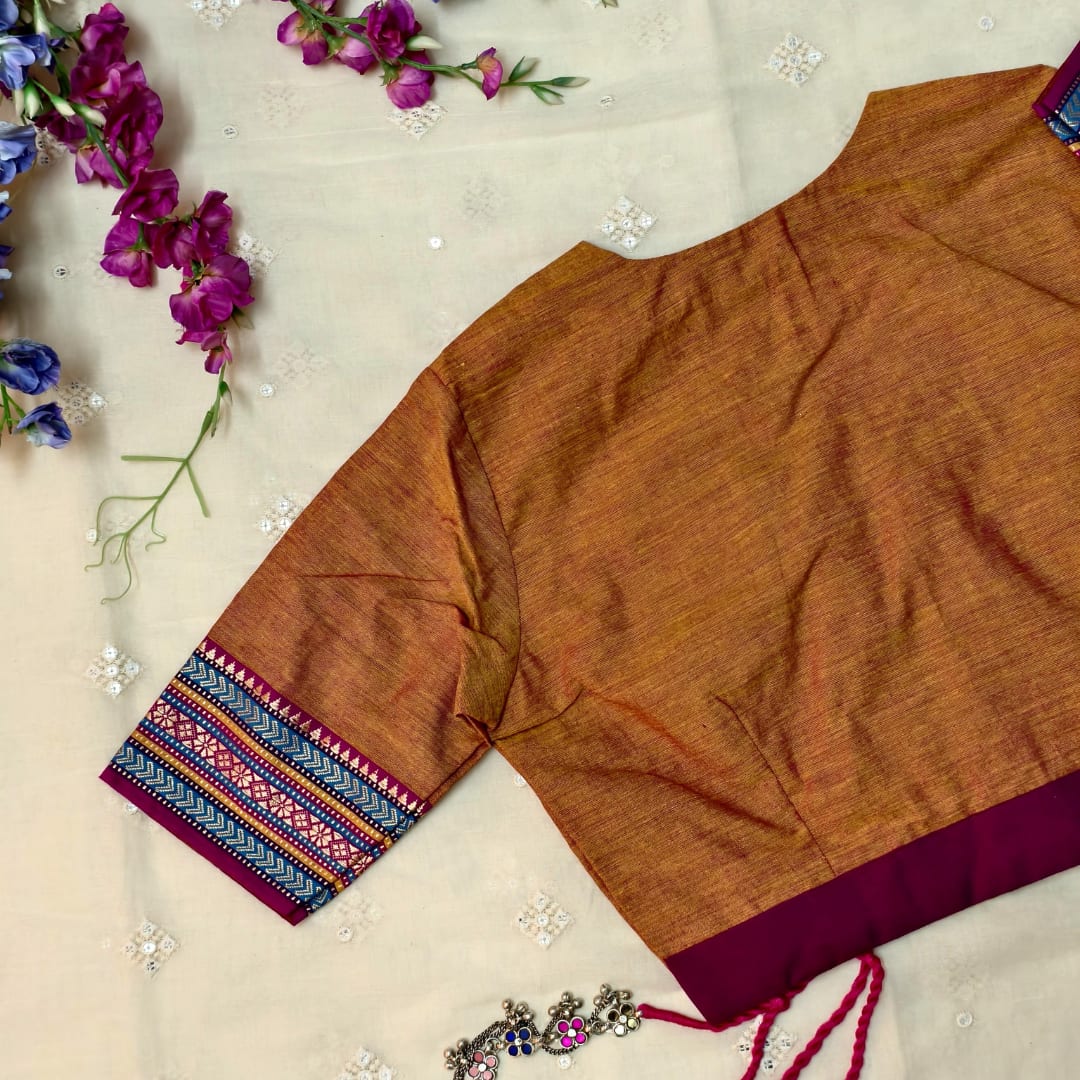 Rust orange Narayanpet Border Readymade Blouse | Godhuli