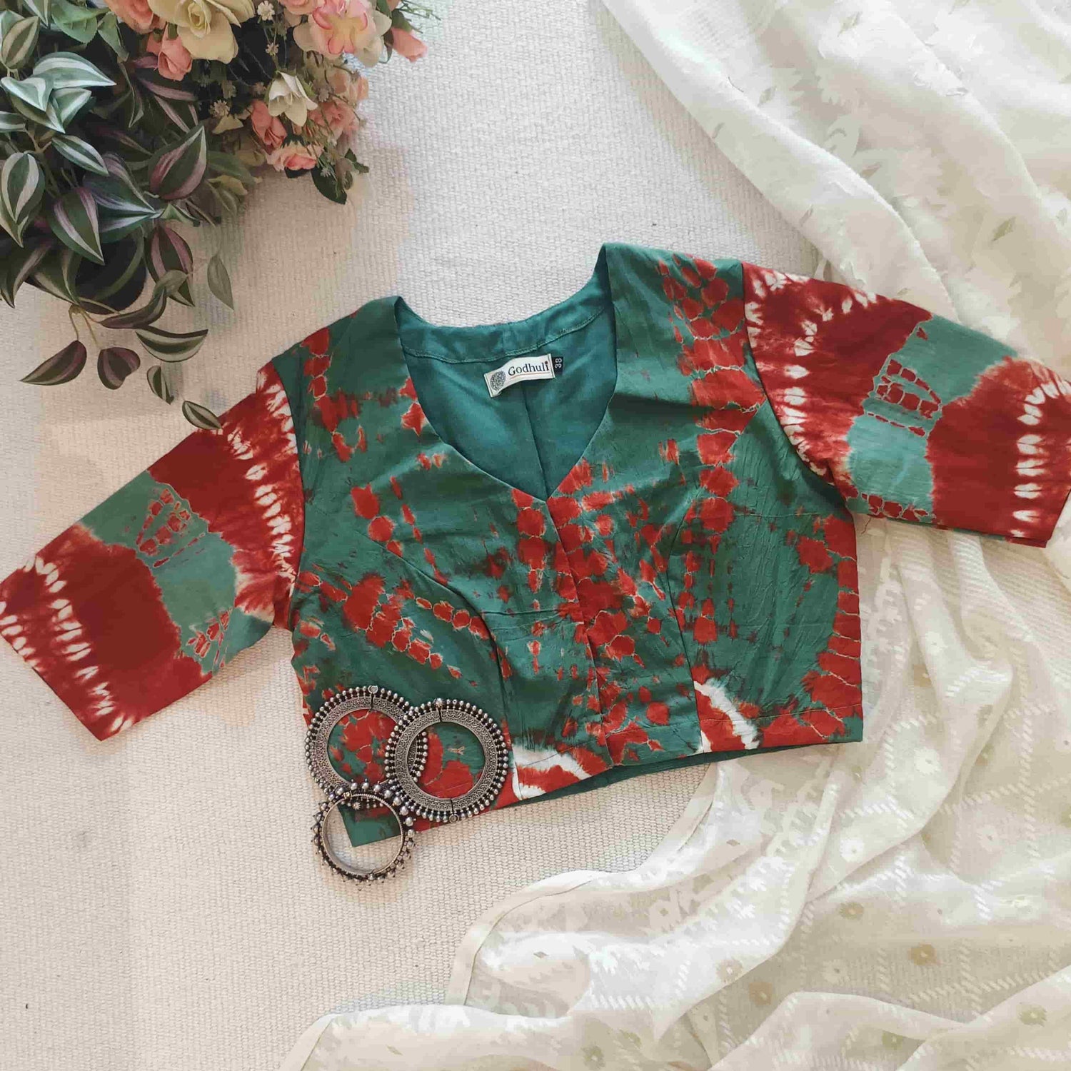 Sage Green Brick Red Shibori Readymade Blouse | Godhuli