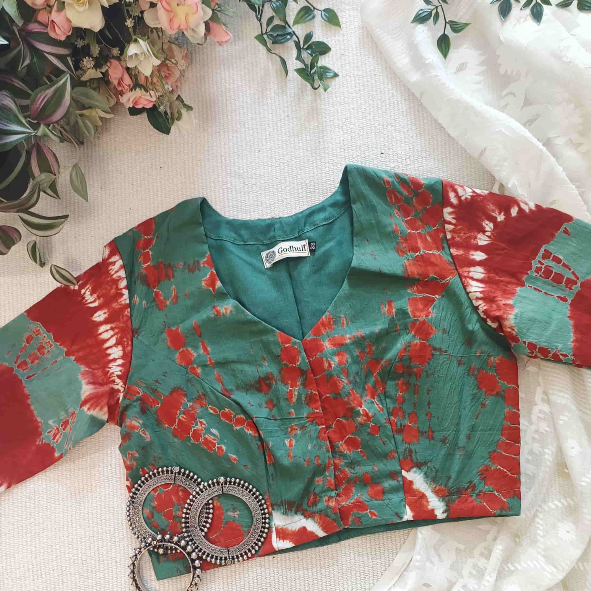 Sage Green Brick Red Shibori Readymade Blouse | Godhuli