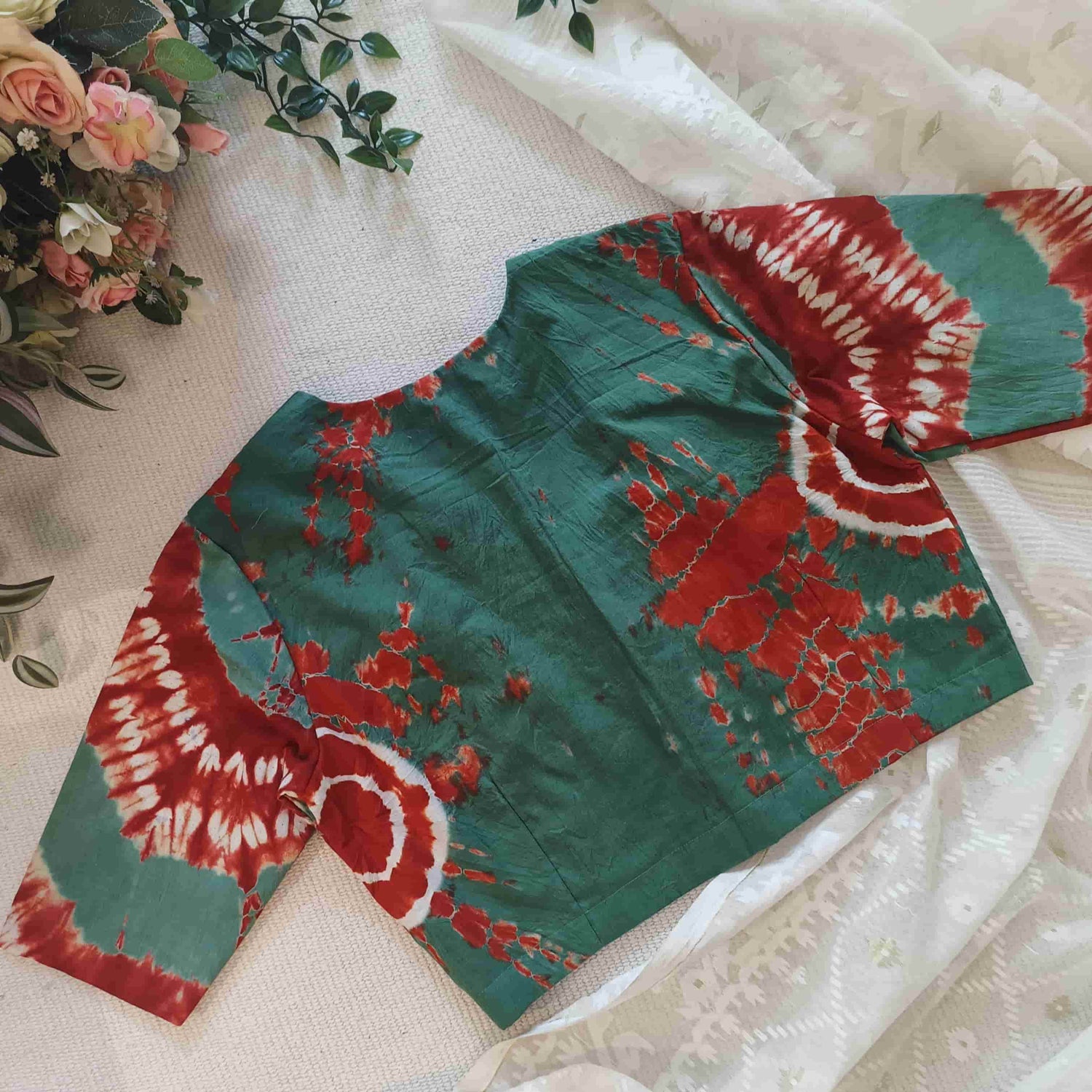 Sage Green Brick Red Shibori Readymade Blouse | Godhuli
