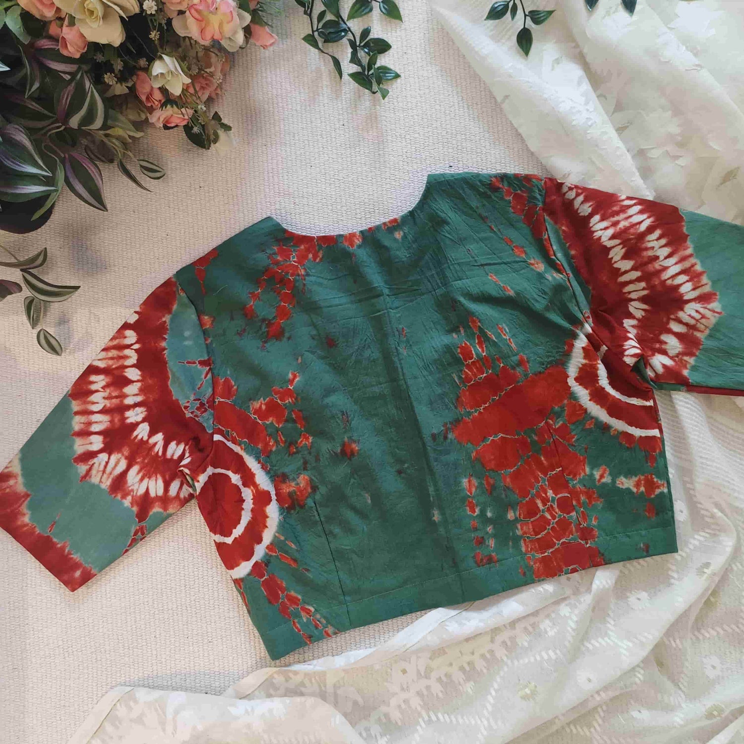 Sage Green Brick Red Shibori Readymade Blouse | Godhuli