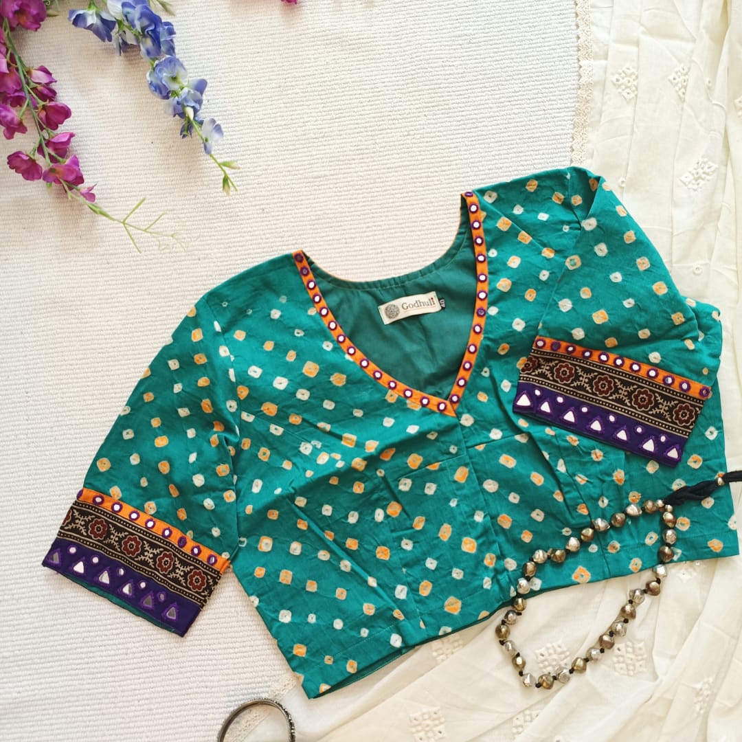 Sea Green Bandhani Readymade Blouse with Mirror Work | Godhuli