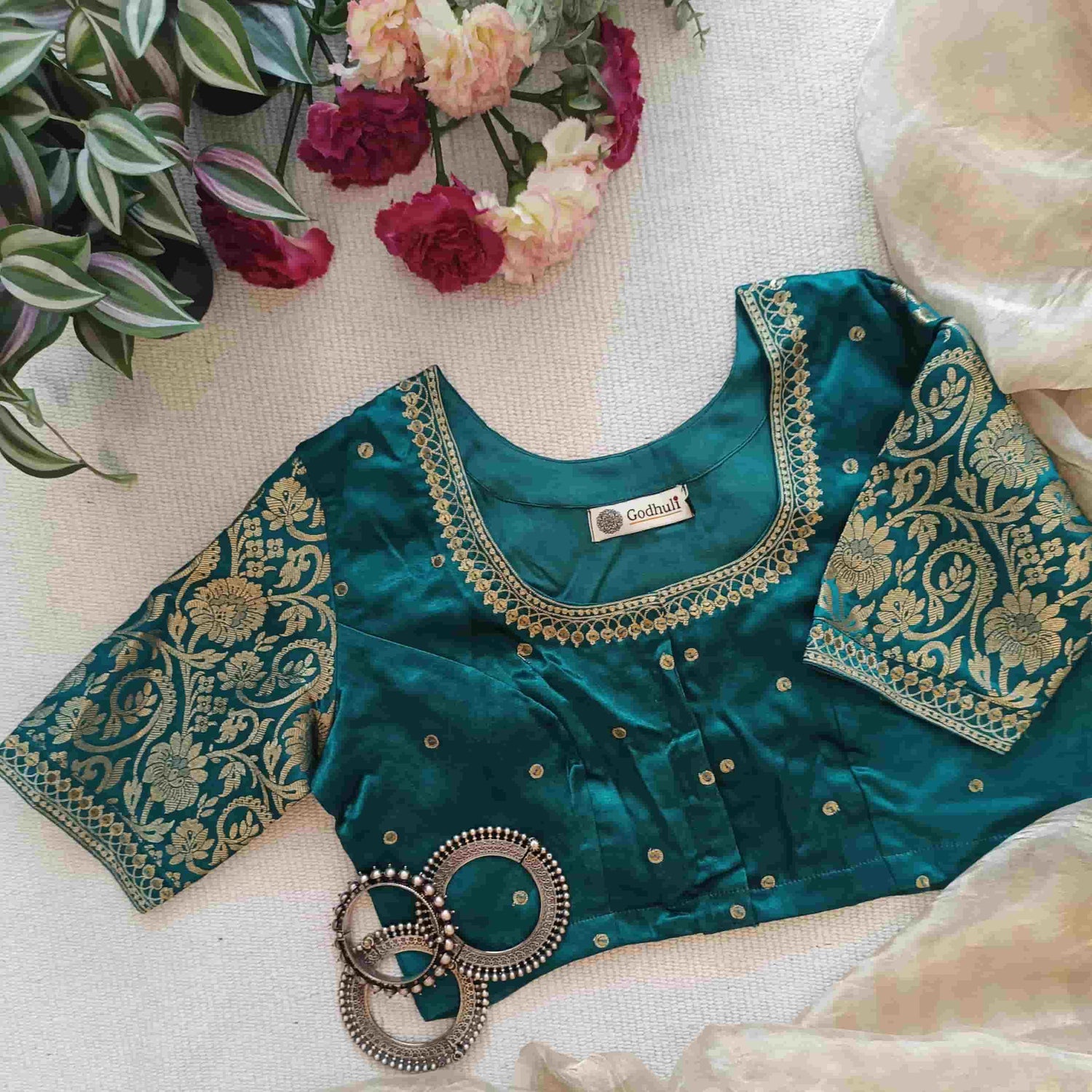 Sea Green Gaji Silk Brocade Sleeves Aari Work Readymade Blouse | Godhuli