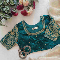 Sea Green Gaji Silk Brocade Sleeves Aari Work Readymade Blouse | Godhuli