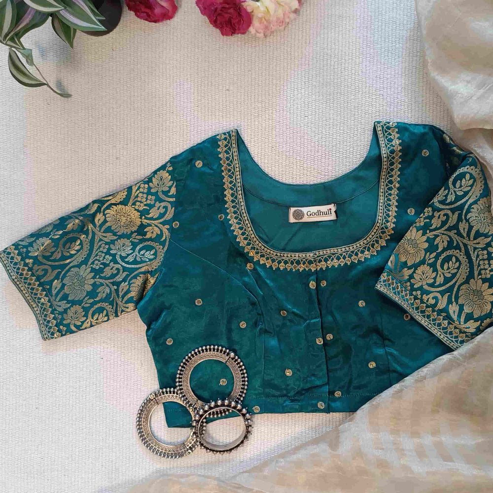 Sea Green Gaji Silk Brocade Sleeves Aari Work Readymade Blouse | Godhuli