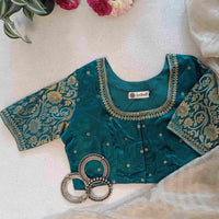 Sea Green Gaji Silk Brocade Sleeves Aari Work Readymade Blouse | Godhuli