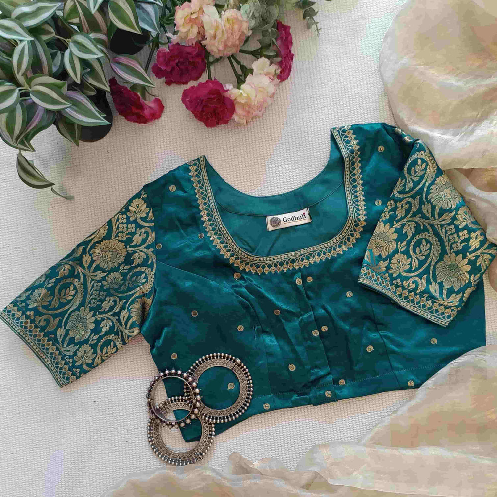 Sea Green Gaji Silk Brocade Sleeves Aari Work Readymade Blouse | Godhuli