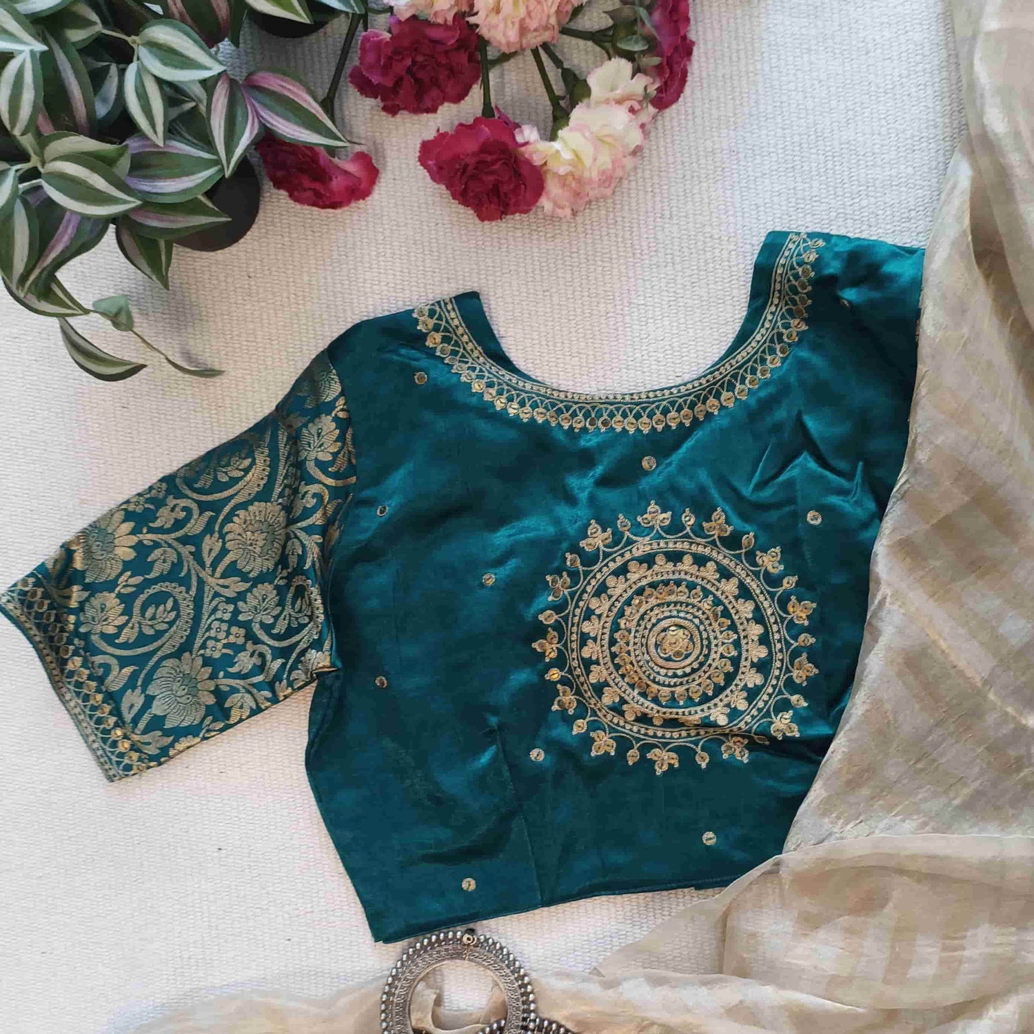 Sea Green Gaji Silk Brocade Sleeves Aari Work Readymade Blouse | Godhuli
