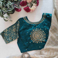 Sea Green Gaji Silk Brocade Sleeves Aari Work Readymade Blouse | Godhuli
