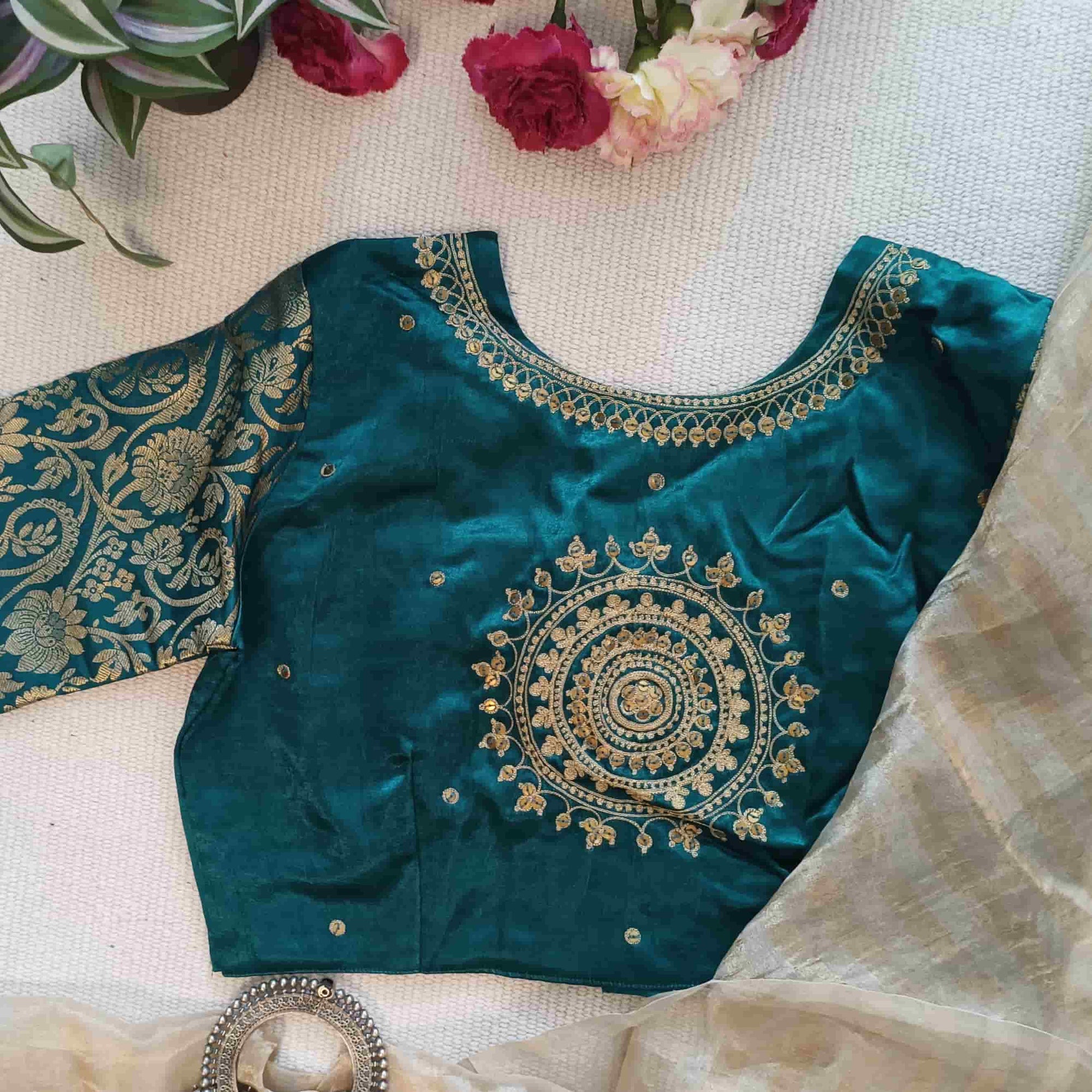 Sea Green Gaji Silk Brocade Sleeves Aari Work Readymade Blouse | Godhuli