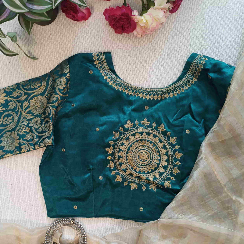 Sea Green Gaji Silk Brocade Sleeves Aari Work Readymade Blouse | Godhuli