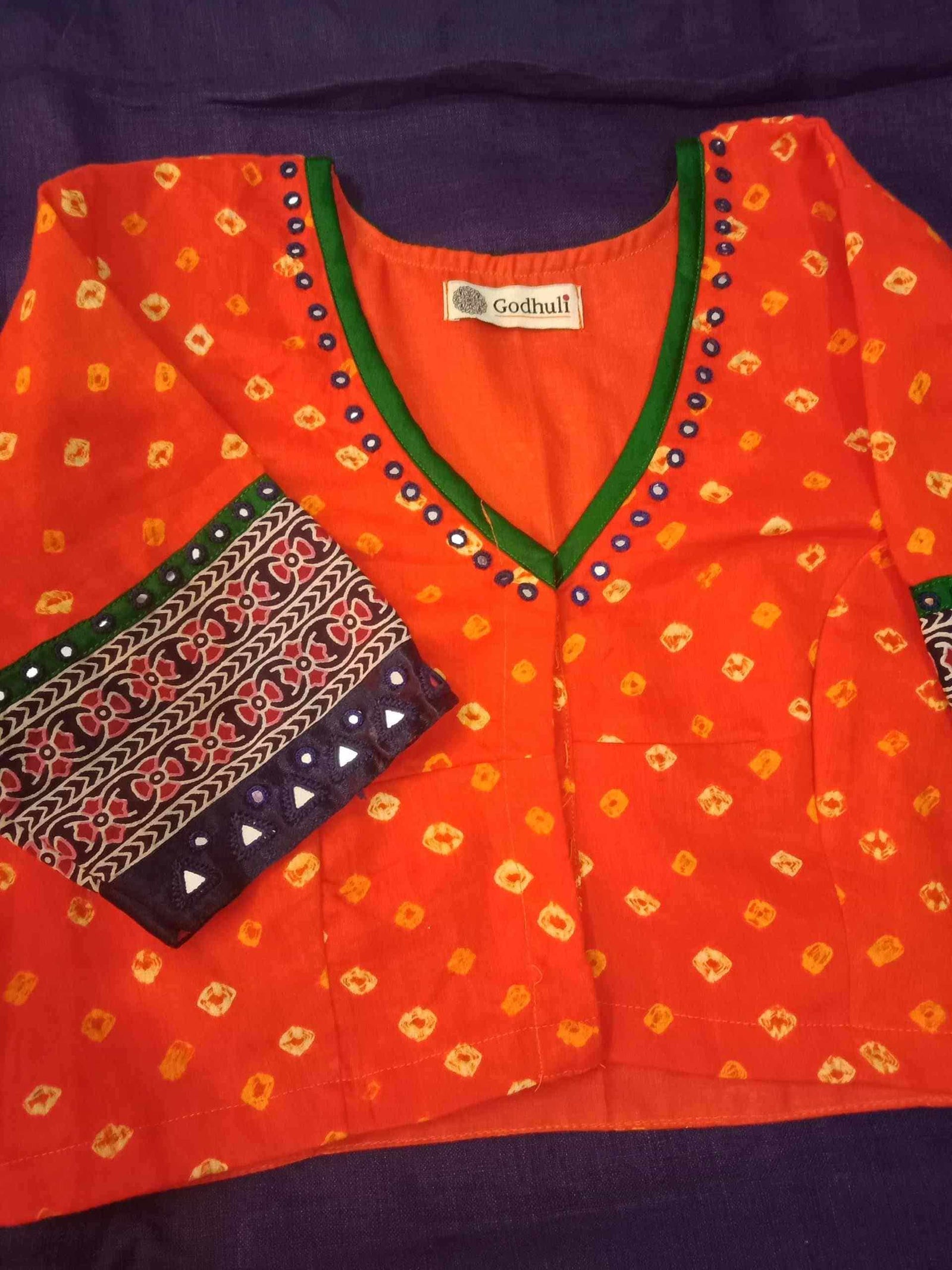 Tangerine Bandhani Readymade Blouse with Mirror Work | Godhuli