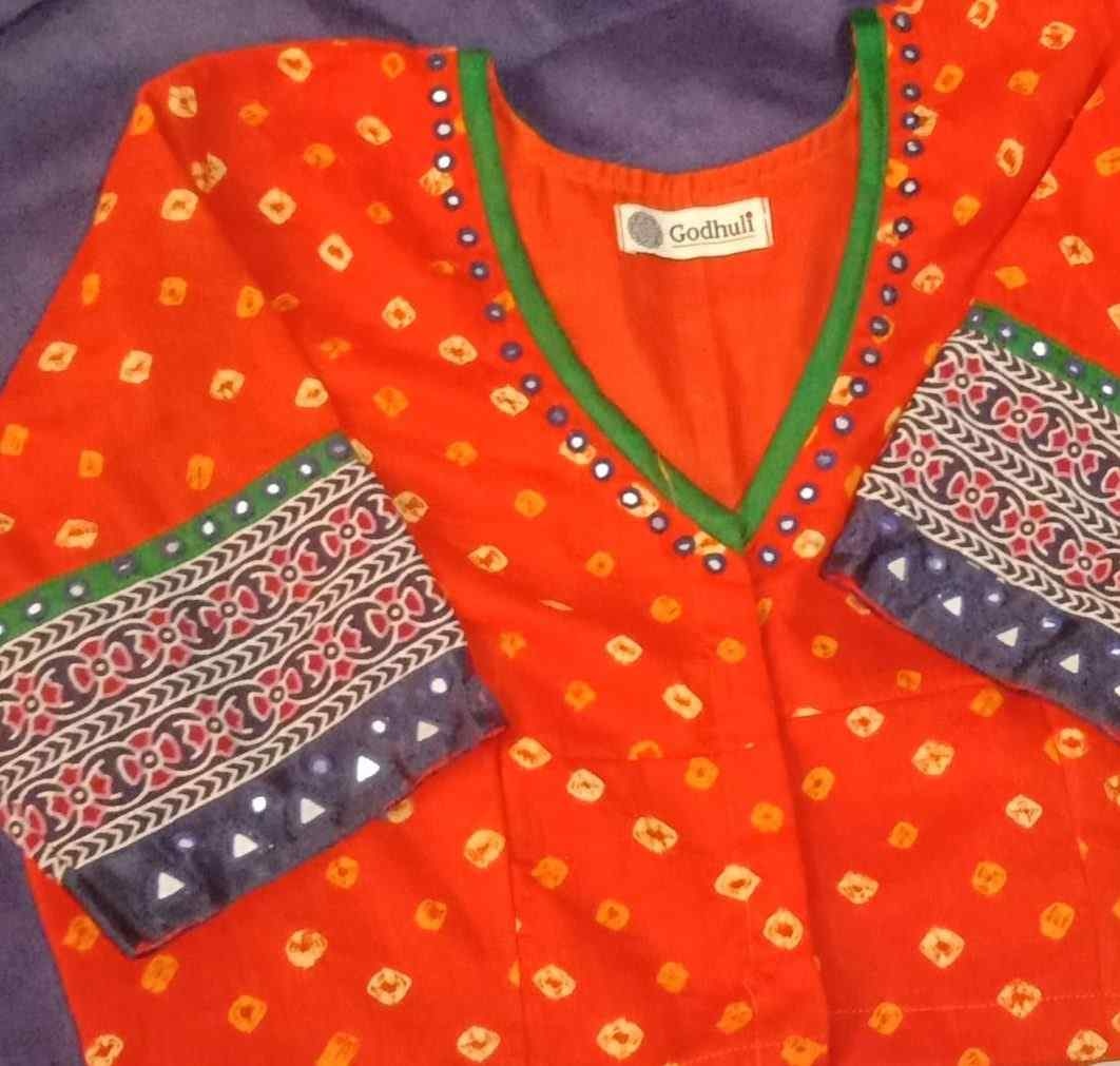 Tangerine Bandhani Readymade Blouse with Mirror Work | Godhuli