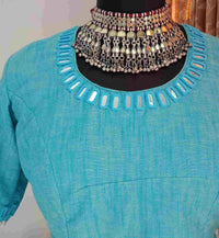 Turquoise Plain Mirror Work Readymade Blouse | Godhuli