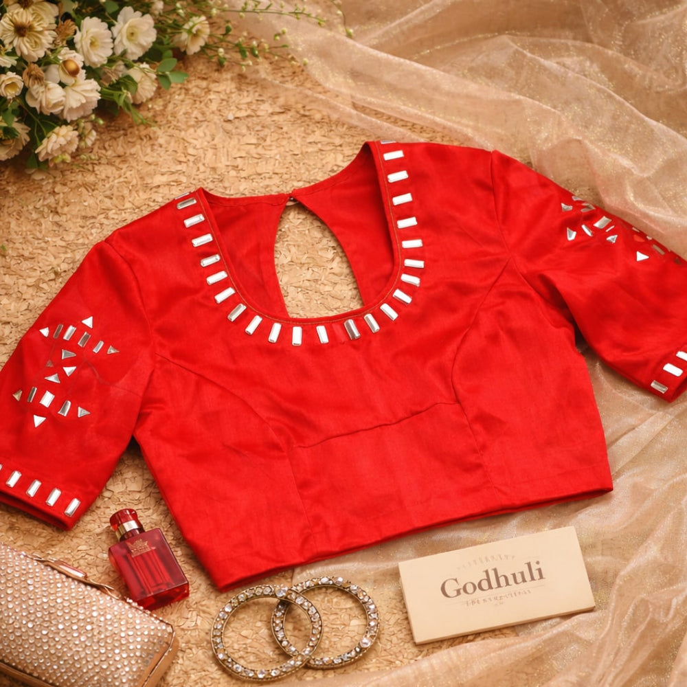 Red Gaji Silk Mirror Work Readymade Blouse | Godhuli