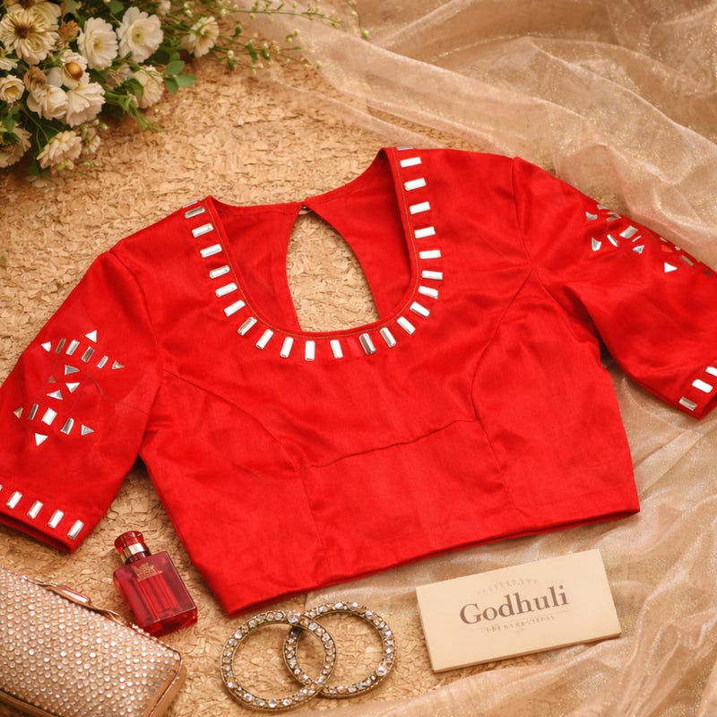 Red Gaji Silk Mirror Work Readymade Blouse | Godhuli