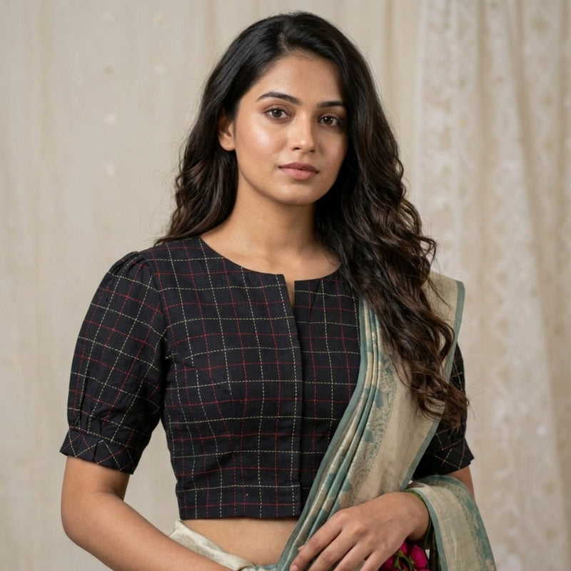 Black Kantha Work Puff Sleeves Readymade Blouse | Godhuli