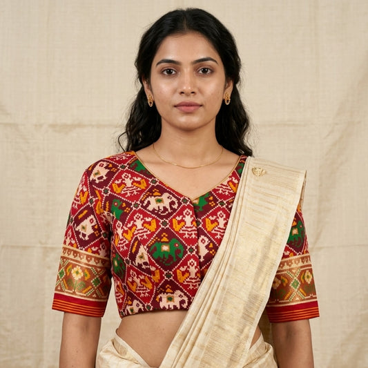 Red Maroon Nari Kunjar Patola Design Readymade Blouse | Godhuli