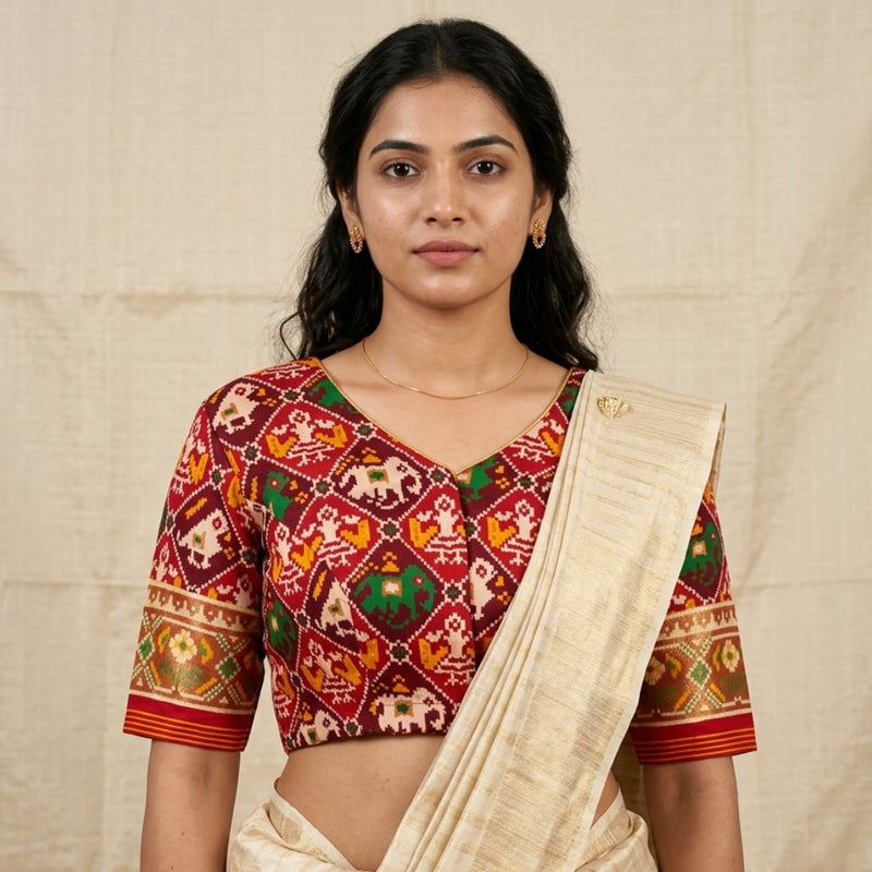 Red Maroon Nari Kunjar Patola Design Readymade Blouse | Godhuli